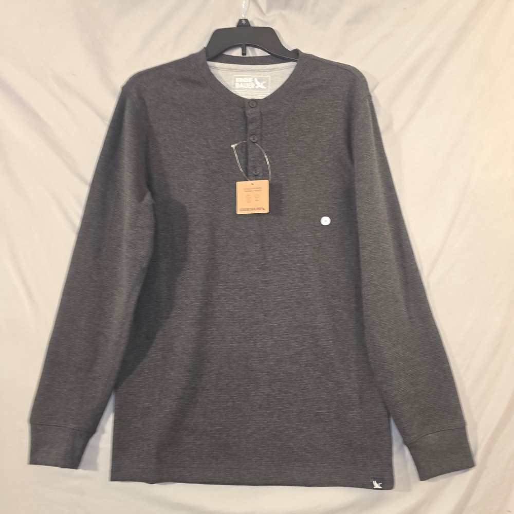 Eddie Bauer Thermal Henley Small Mens Heather Gray Waffle Knit Long Sleeve Shirt